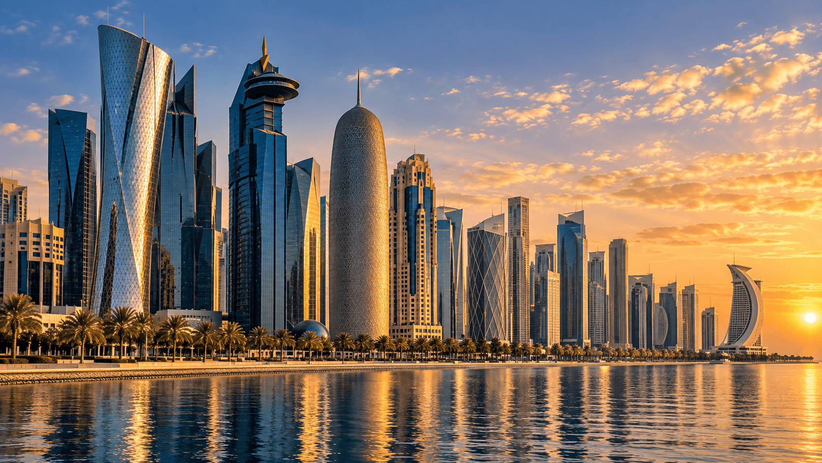 Doha skyline and Qatar towers at sunset