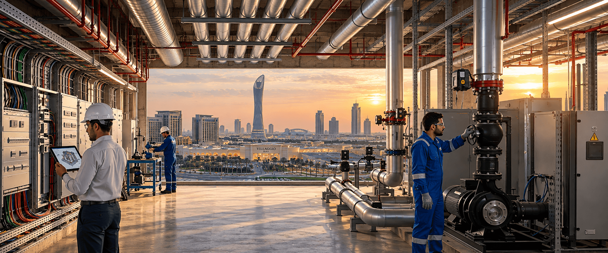 OMS engineers in an industrial plant room with pump equipment and Aspire Tower in the background