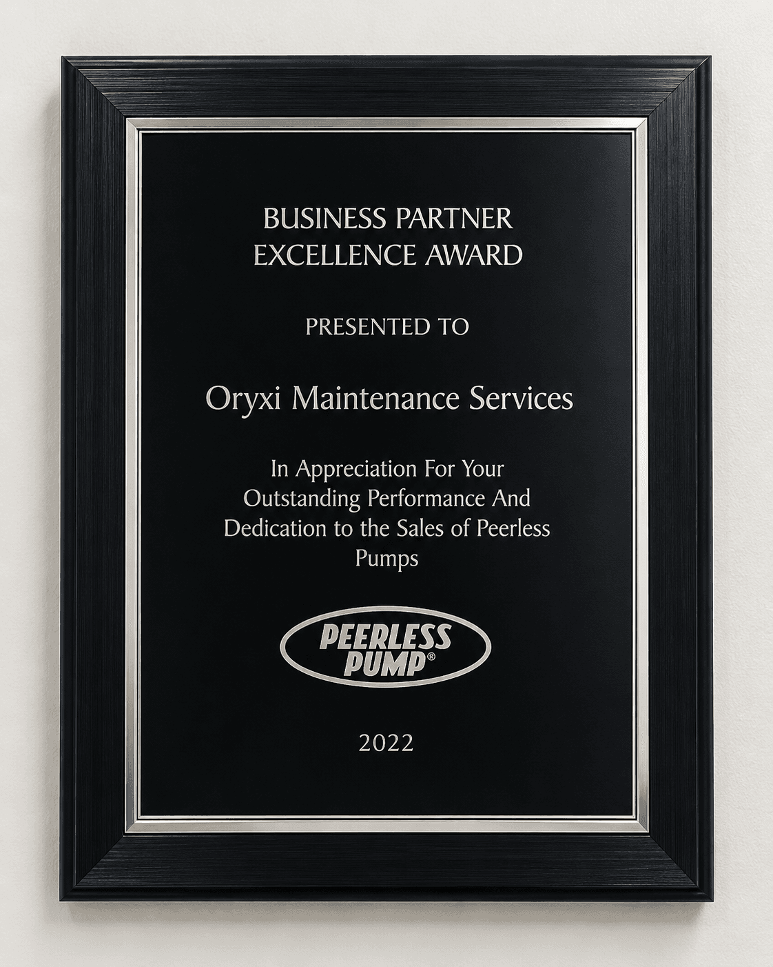 Peerless Pump Business Partner Excellence Award presented to Oryxi Maintenance Services in 2022