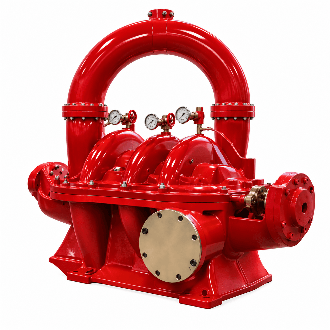 Red Peerless fire pump with gauges and discharge piping