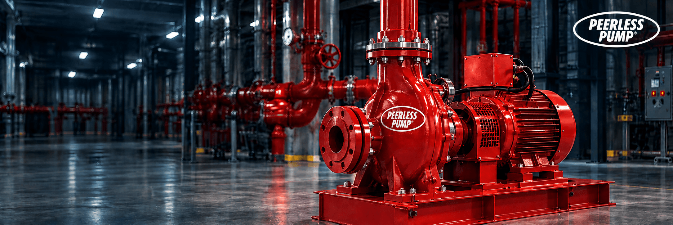 Red Peerless Pump system in an industrial mechanical room